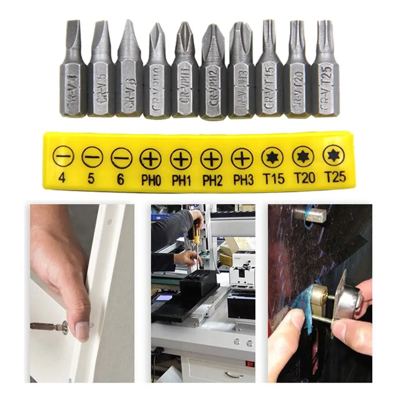 10pc Rubber Strip Cross Screwdriver Head Bit 60mm Conversion Extension Rod Woodworking Power Tool Set