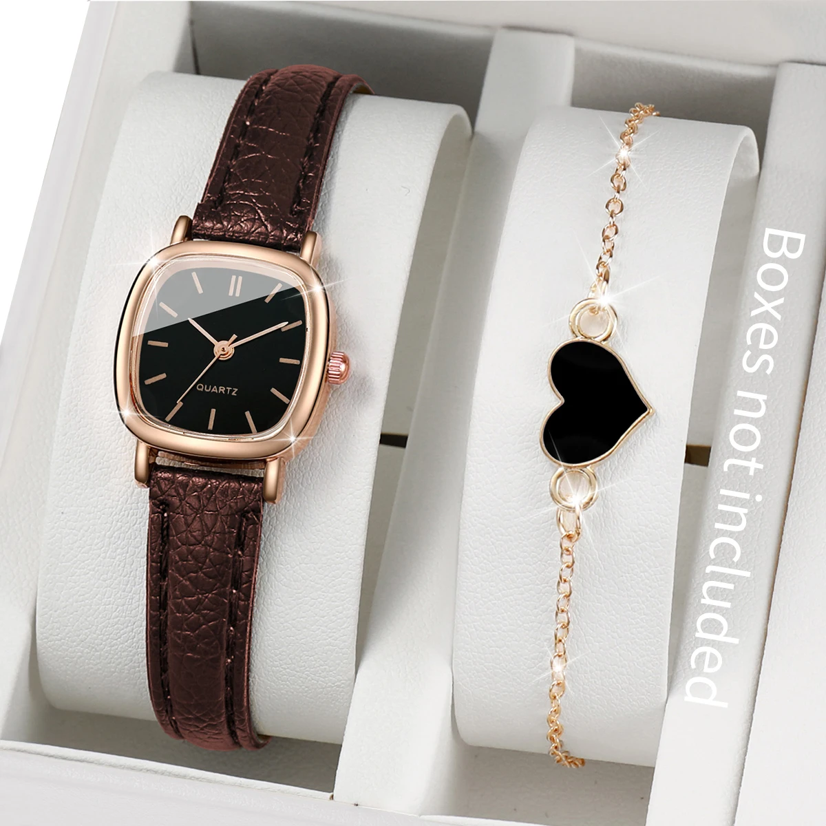 2 pièces/ensemble mode carré femmes montre Bracelet en cuir montres à Quartz coeur Bracelet ensemble