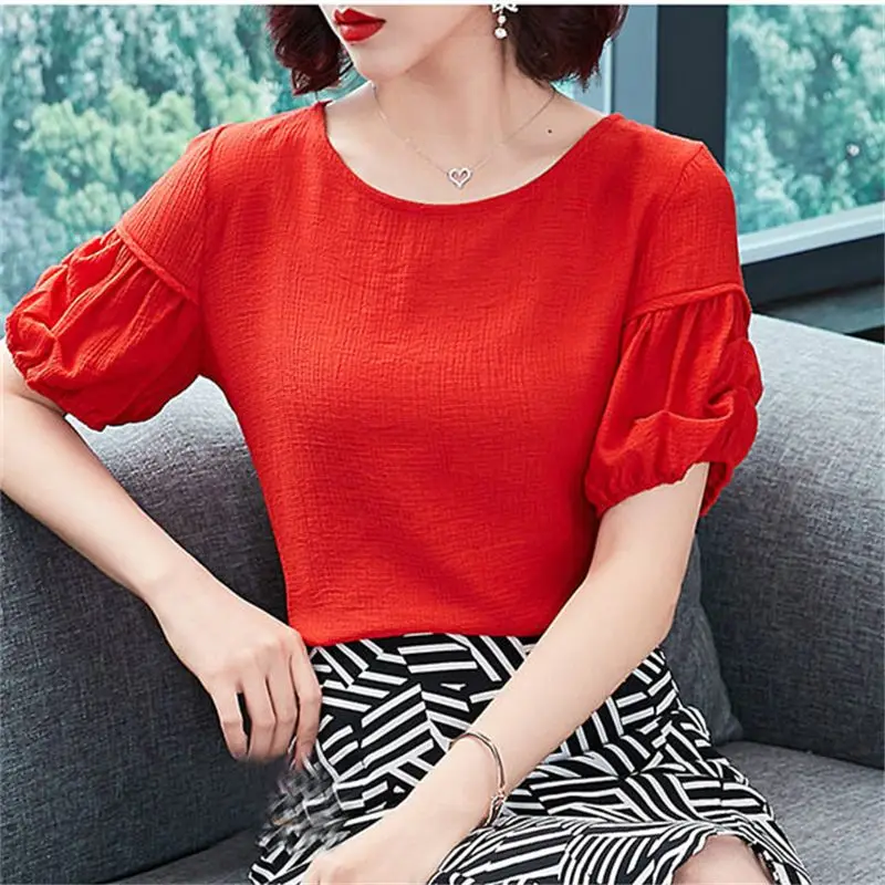 

Elegant O-Neck Spliced Bow Shirring Puff Sleeve Blouse Female Clothing 2023 Summer New Oversized Casual Tops Office Lady Shirt