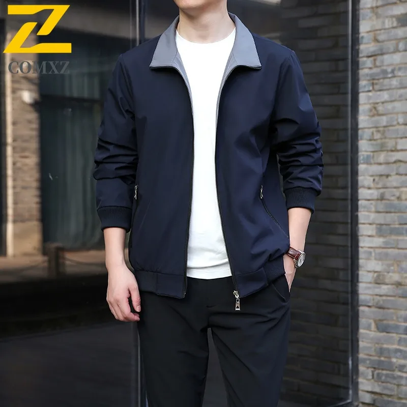 

COMXZ 2025 Men Reversible Coat Middle Aged Notch Collar Jacket Loose Fit Big Size Shirt Spring Autumn Waterproof New Arrival Top