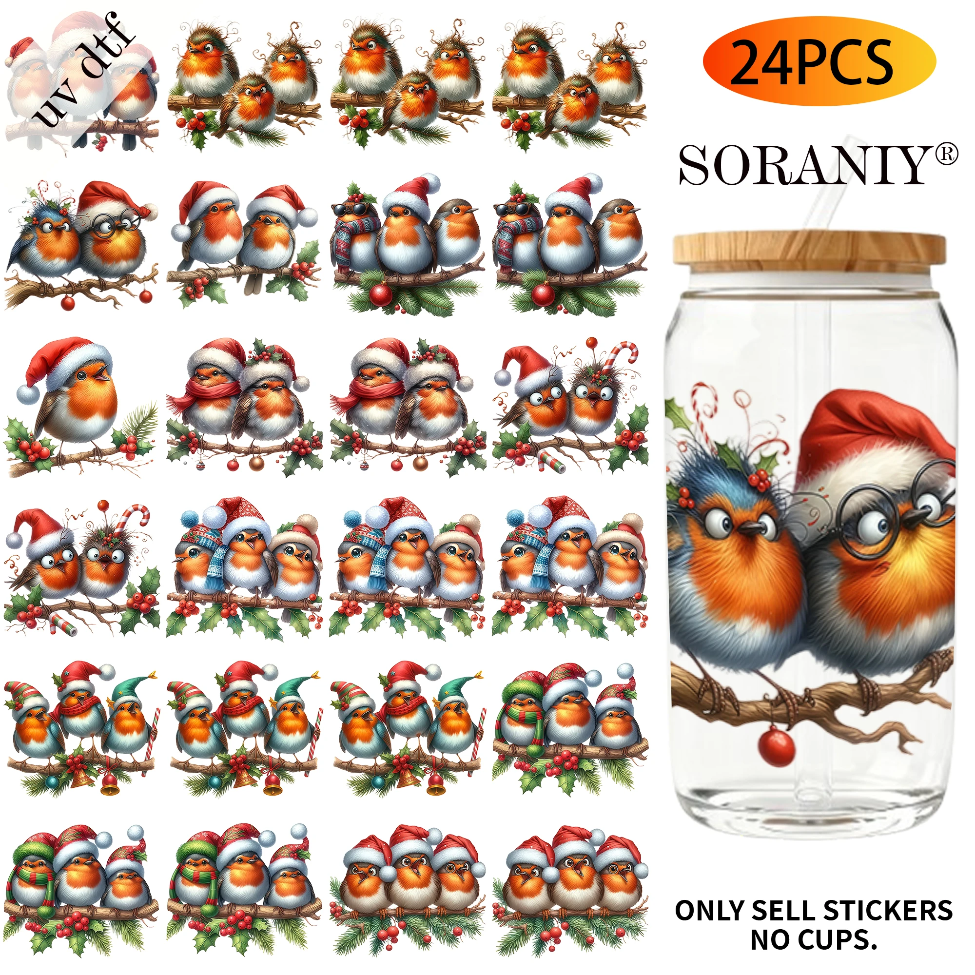 UV DTF Cup Stickers - 24Pcs/Set Christmas Santa Robin Bird Waterproof 16Oz Glass Jar DIY Transfer Decal, High Viscosity Easy Use