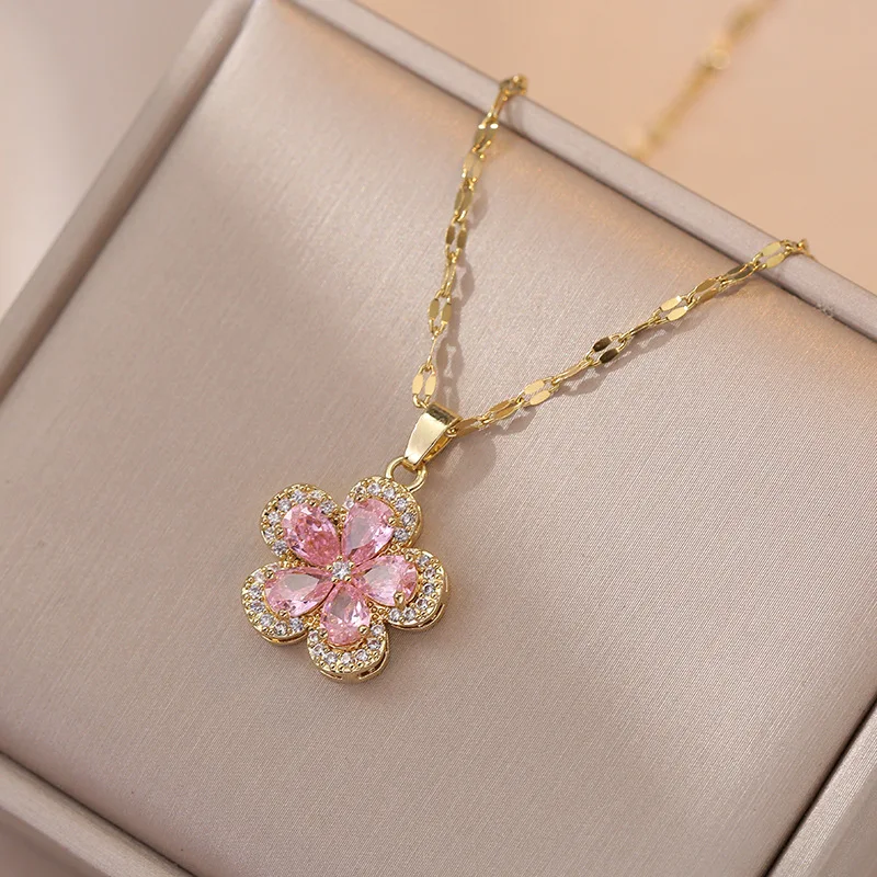 ZAKOL Elegant Pink AAA Zircon Flower Pendant Necklace Earring Set for Women Charm Shiny Crystal Bridal Wedding Jewelry