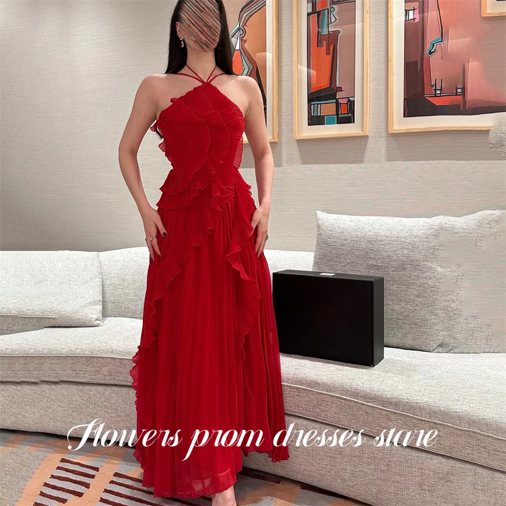 

Flowers Red Prom Dresses Halter Neck Gala Dresses Sleeveless Saudi Arabic Wave Hem Evening Party Gown Ankle Length Customized