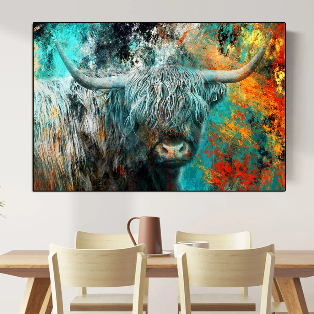 Colorful Highland Cattle Watercolor Poster Print Fashion Animal Graffiti Canvas Painting Wall Art Mural Living Room Home Decor