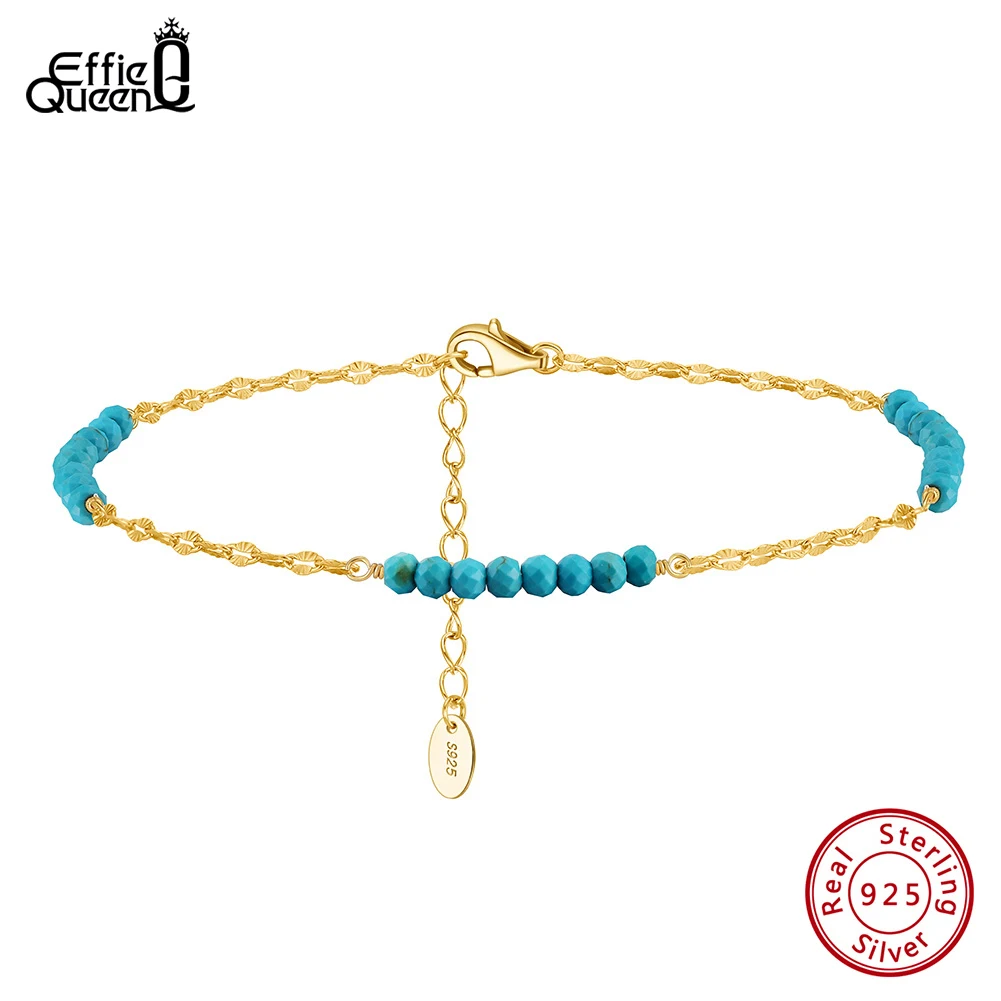 Effie Queen 14K Gold Butterfly Chain Anklet with Natural Turquoise for Women Fine 925 Sterling Silver Anklet Straps Jewelry SA85