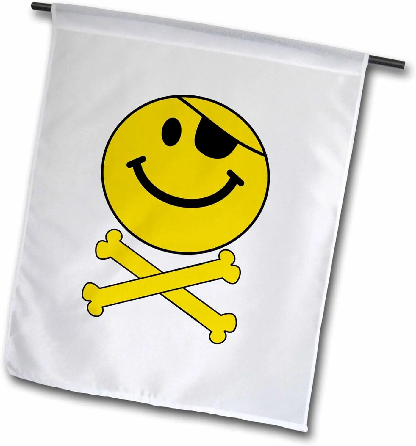 3dRose fl_113097_1 Pirate Smiley Face Yellow Happy Jolly Roger Flag Skull and Crossbones Smilie with Eye Patch-White Garden Flag