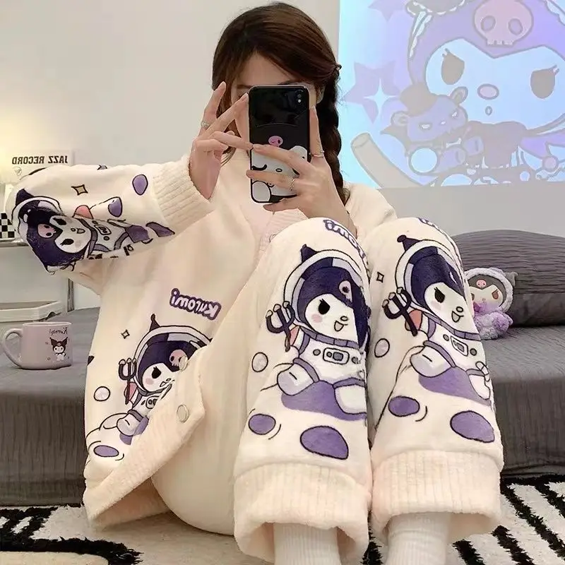 Sanrioed Kuromi Coral Fleece Pajamas Woman Autumn Winter Cartoon Sleepwear Girl My Melody Cinnamoroll Keep Warm Home Wear Female