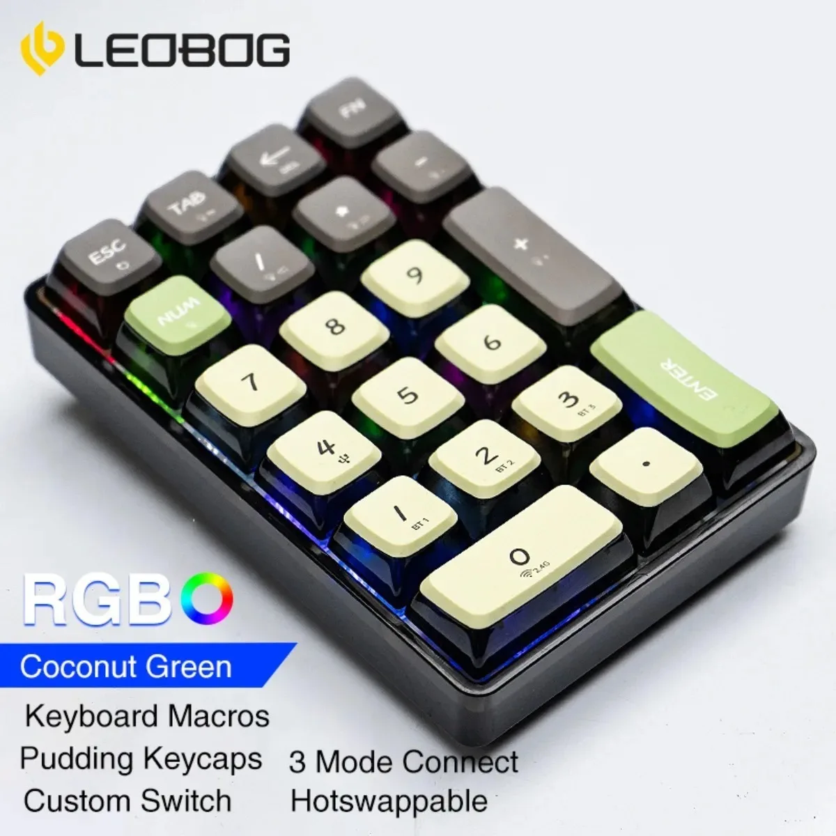 LEOBOG K21 Numpad Keyboard Wireless Mechanical 21 Key RGB 3 BT/2.4GHz/Type C Wired Hot Swappable Transparent Keyboard