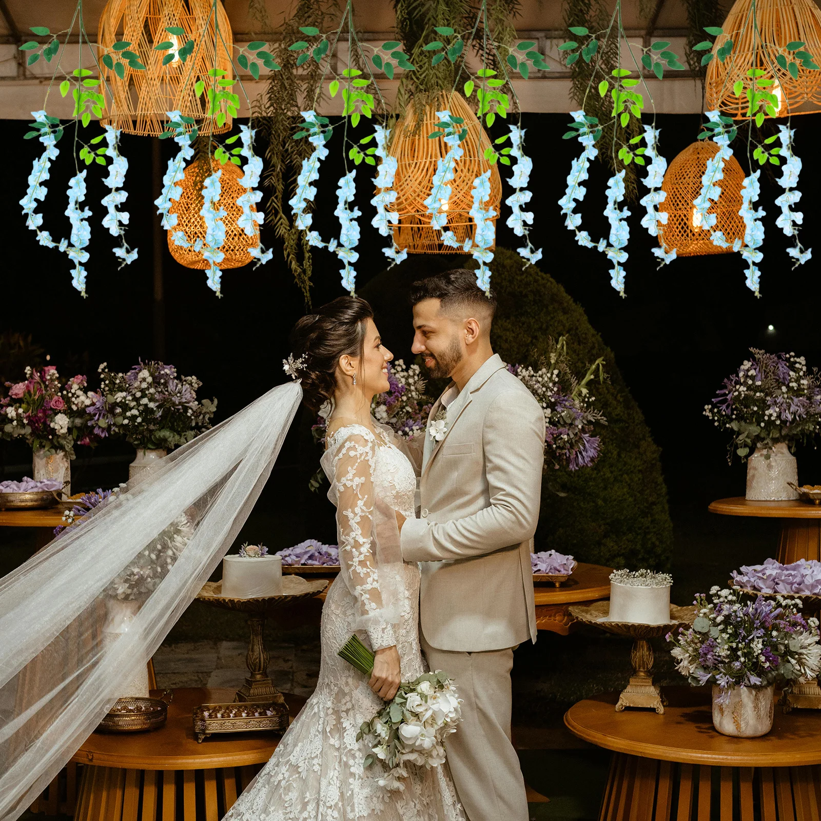 

12Pcs Artificial Wisteria Vines Sky Blue Realistic Hanging Flower Garland Wedding Party Home Garden Decoration