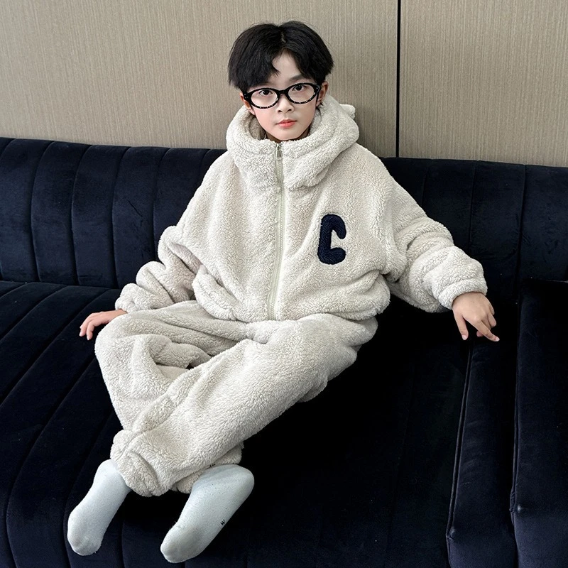 طقم بيجامة من الصوف المرجاني للمراهقين، ملابس نوم شتوية من الفلانيل القطيفة للأولاد