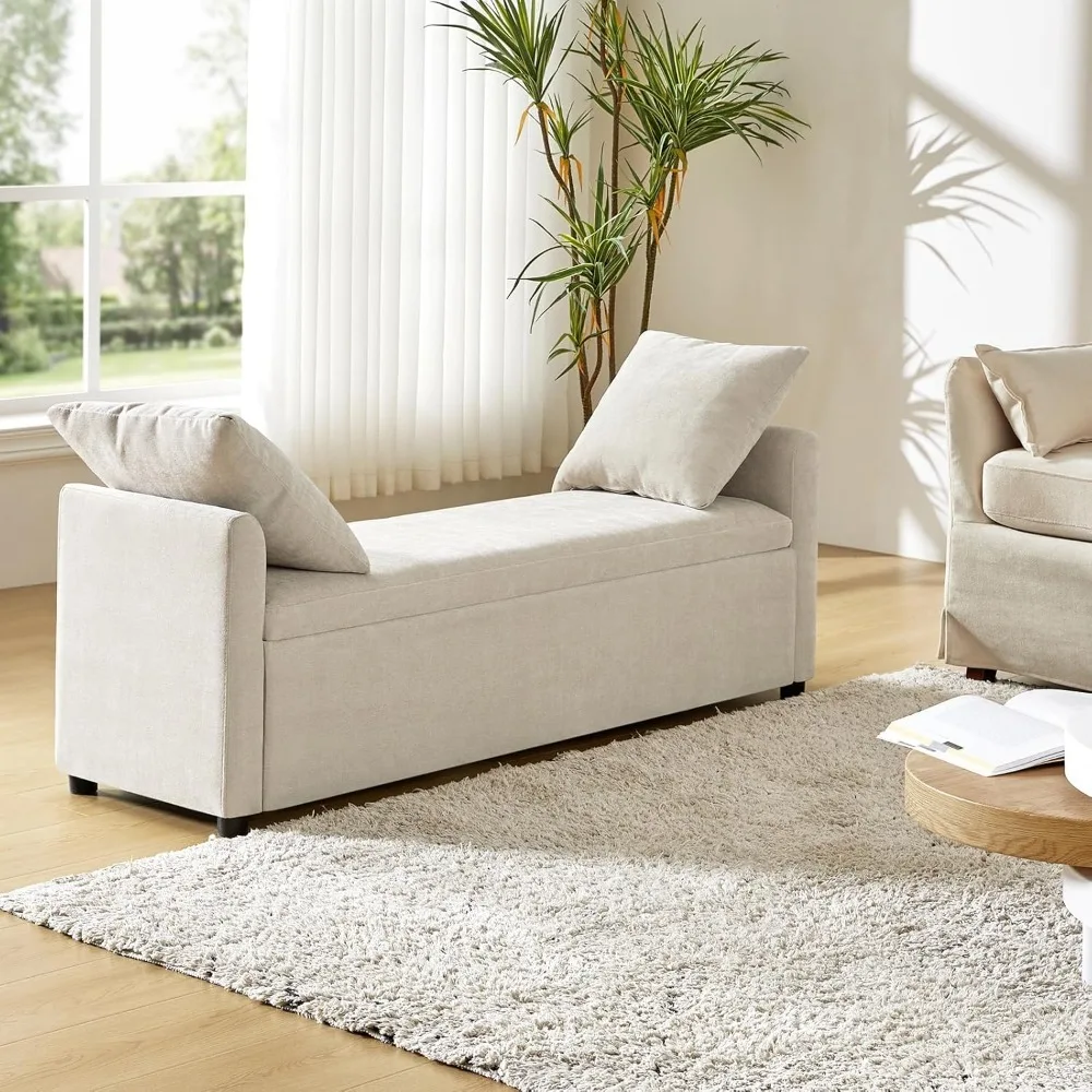 Banco de armazenamento moderno com almofadas, banco otomano extra longo de 59,4" para quarto para o fim da cama, estofado confortável