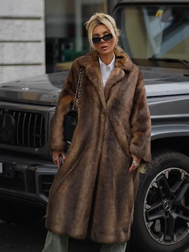 Brown Faux Fur Long Overcoat Long Sleeve Thick Coat Single Breasted Casual Long Overcoat 2024 Autumn High Street Lady Outerwear