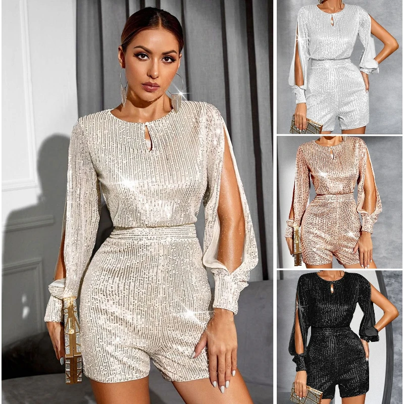 

Women's Sexy Sequin Jumpsuit Fashion Slit Long Sleeves Banquet Solid Vintage Long Sleeve Straight Shorts One Pieces Short Romper