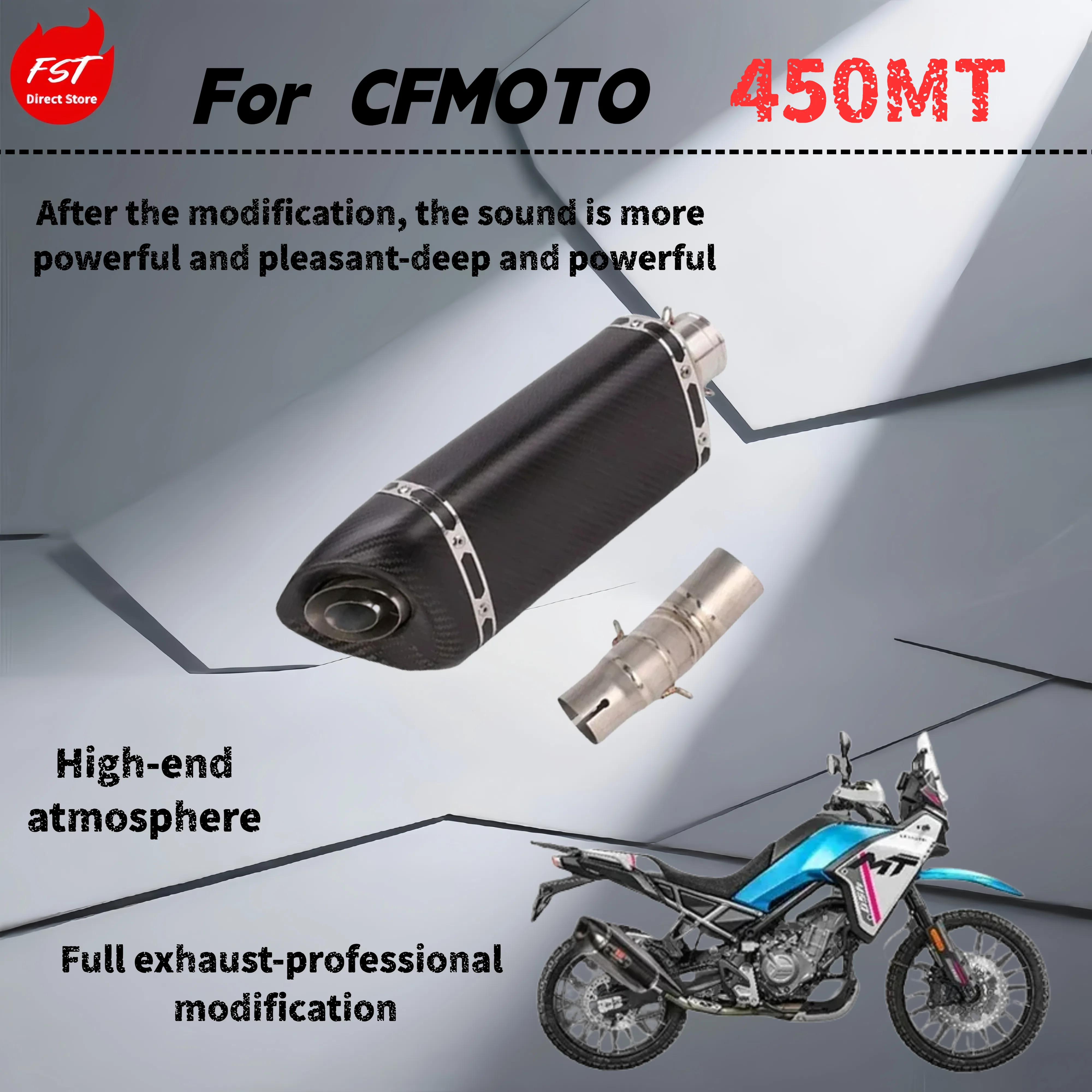 

Для CFMOTO 450MT-Модифицированная выхлопная труба со средним хвостом — звук глубокий, толстый и мощный.