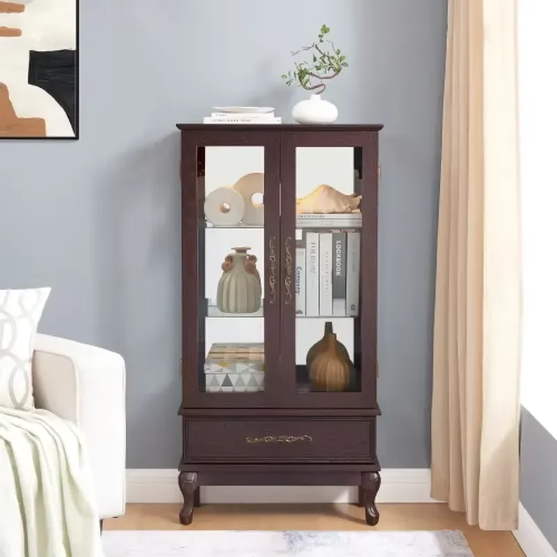 Dark Cherry Antique Wine Cabinet with Light 2 Glass Doors 1 Drawer Adjustable Shelf with Bulbs for Living and Dining Rooms