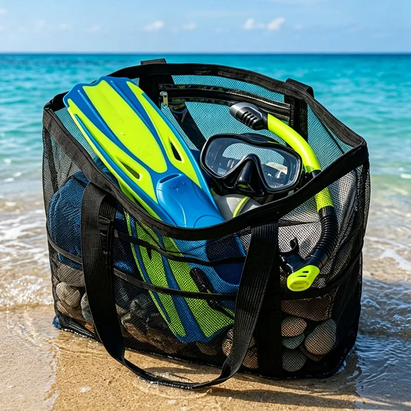 Breathable Hollow Mesh Beach Tote Bag for Women Heavy Duty Large Sand Proof Quick Dry with Zipper Inner Pocket Reinforced Strap