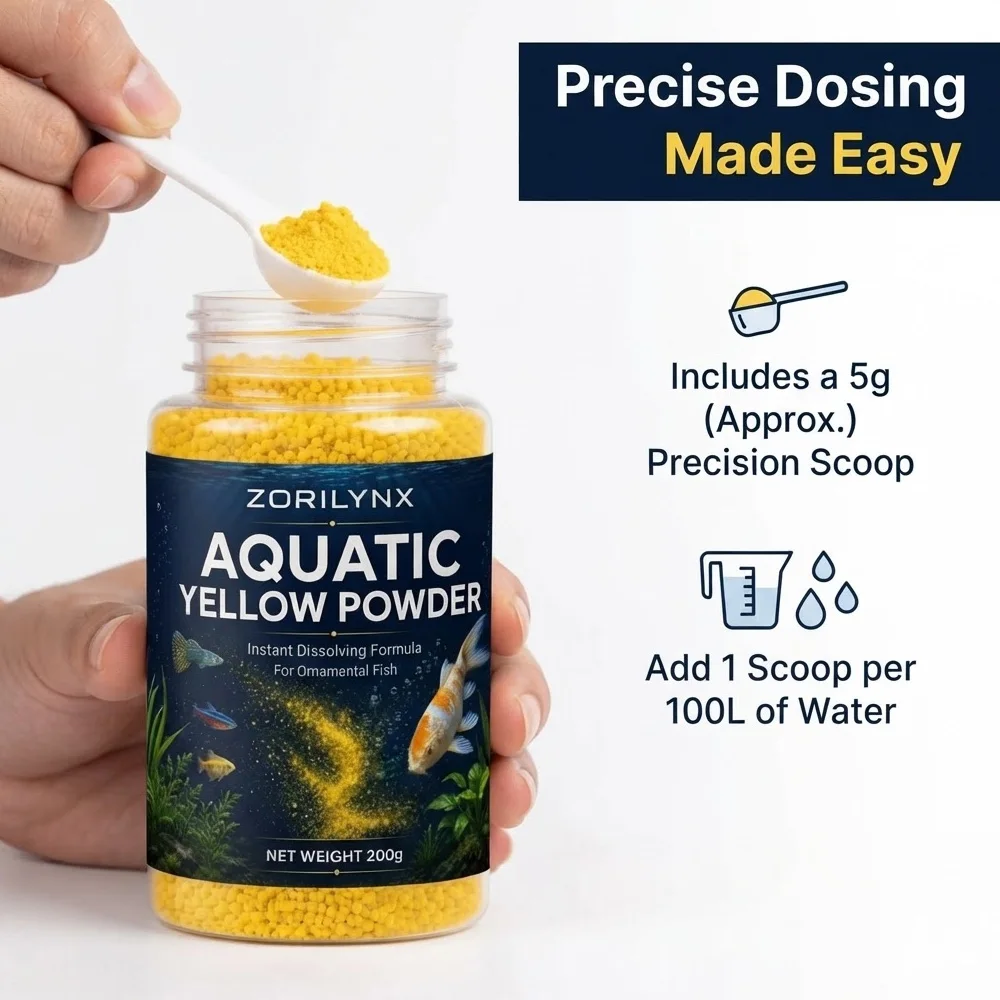 Aquatic Yellow Powder for Ornamental Fish Goldfish Koi Betta Fin Scale Health Water Conditioner Dissolving with Measuring Spoon