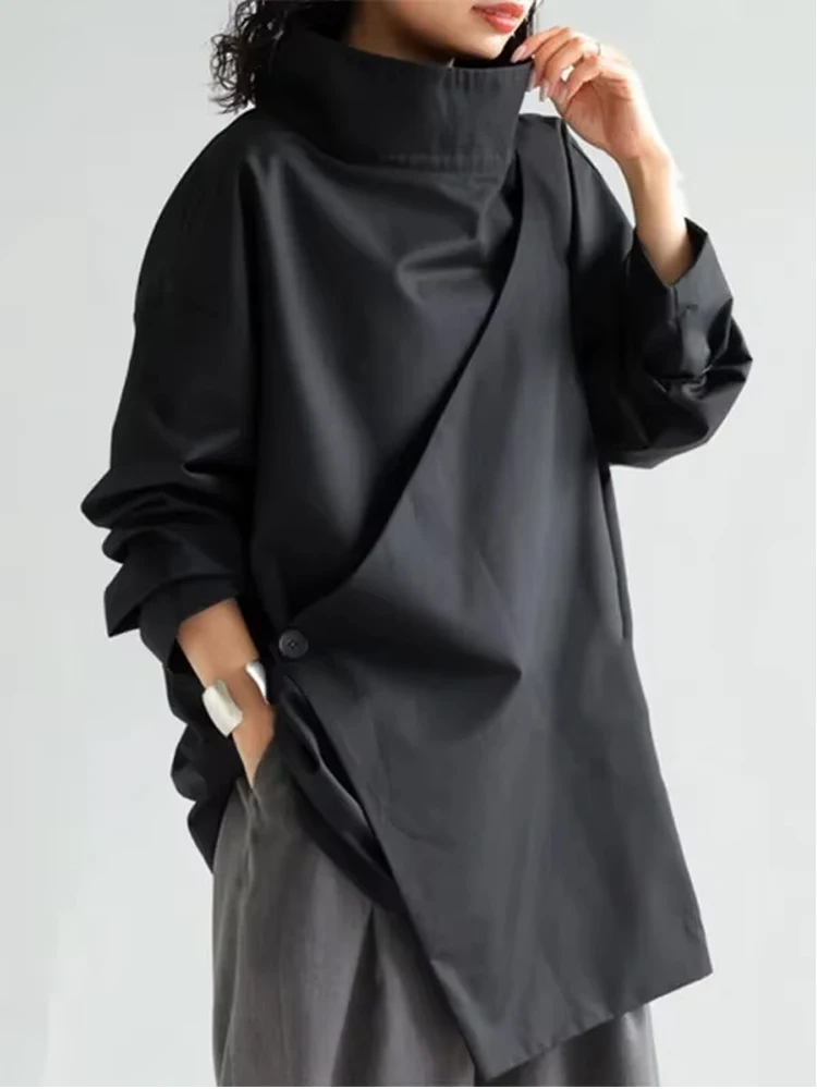 

2026 new black long sleeved loose high neck T-shirt top for women's spring and autumn button casual top