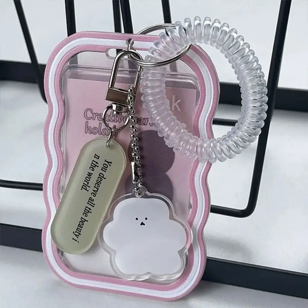 Transparent 3 Inch Wave Card Holder Student ID Card Holder Door Card Case Kpop Photocard Holder Spring Pendant Keychain