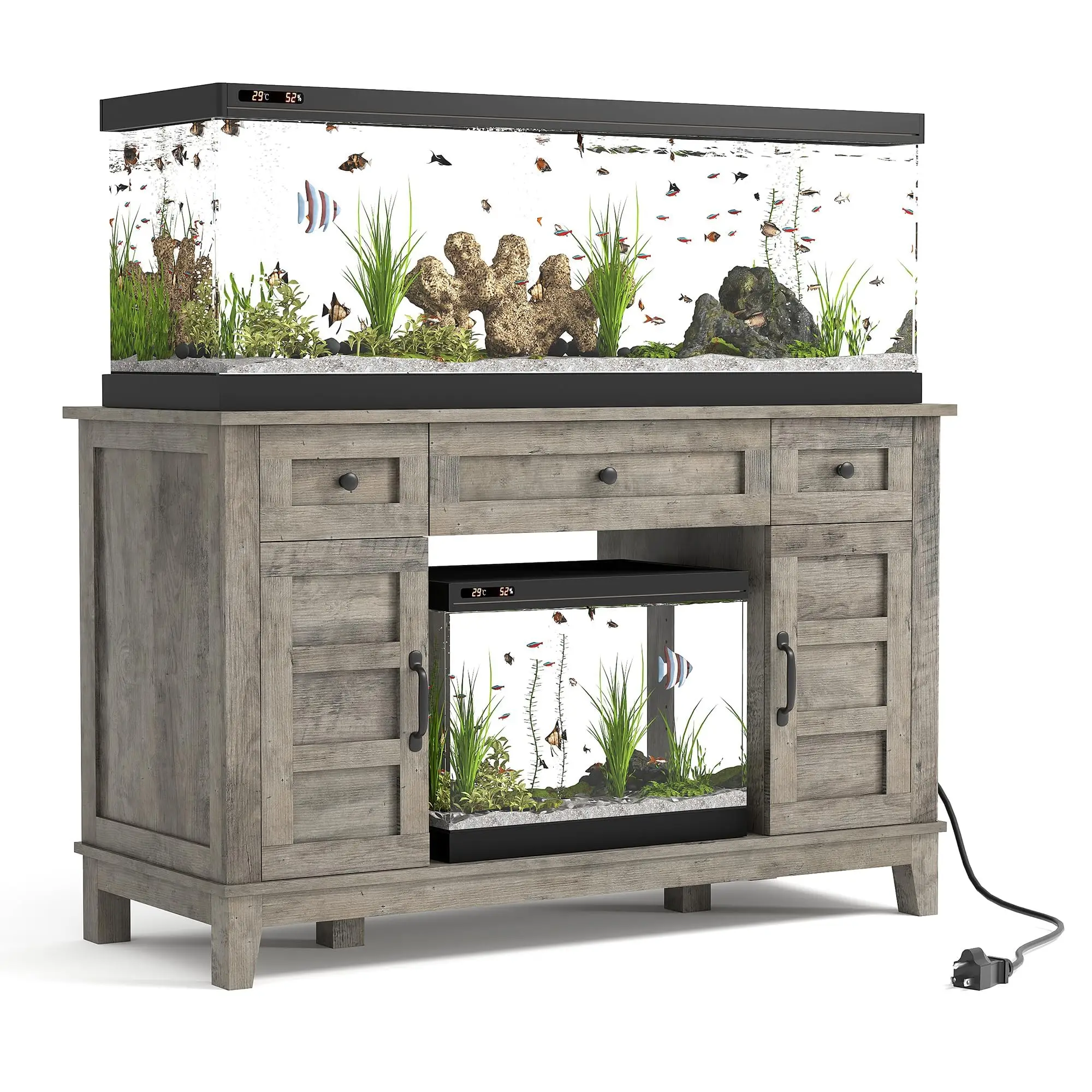 Heavy Duty Grey Aquarium Stand for 55-75 Gallon Tanks – 1400LBS Capacity, Built-in Power Outlet, Adjustable Shelves