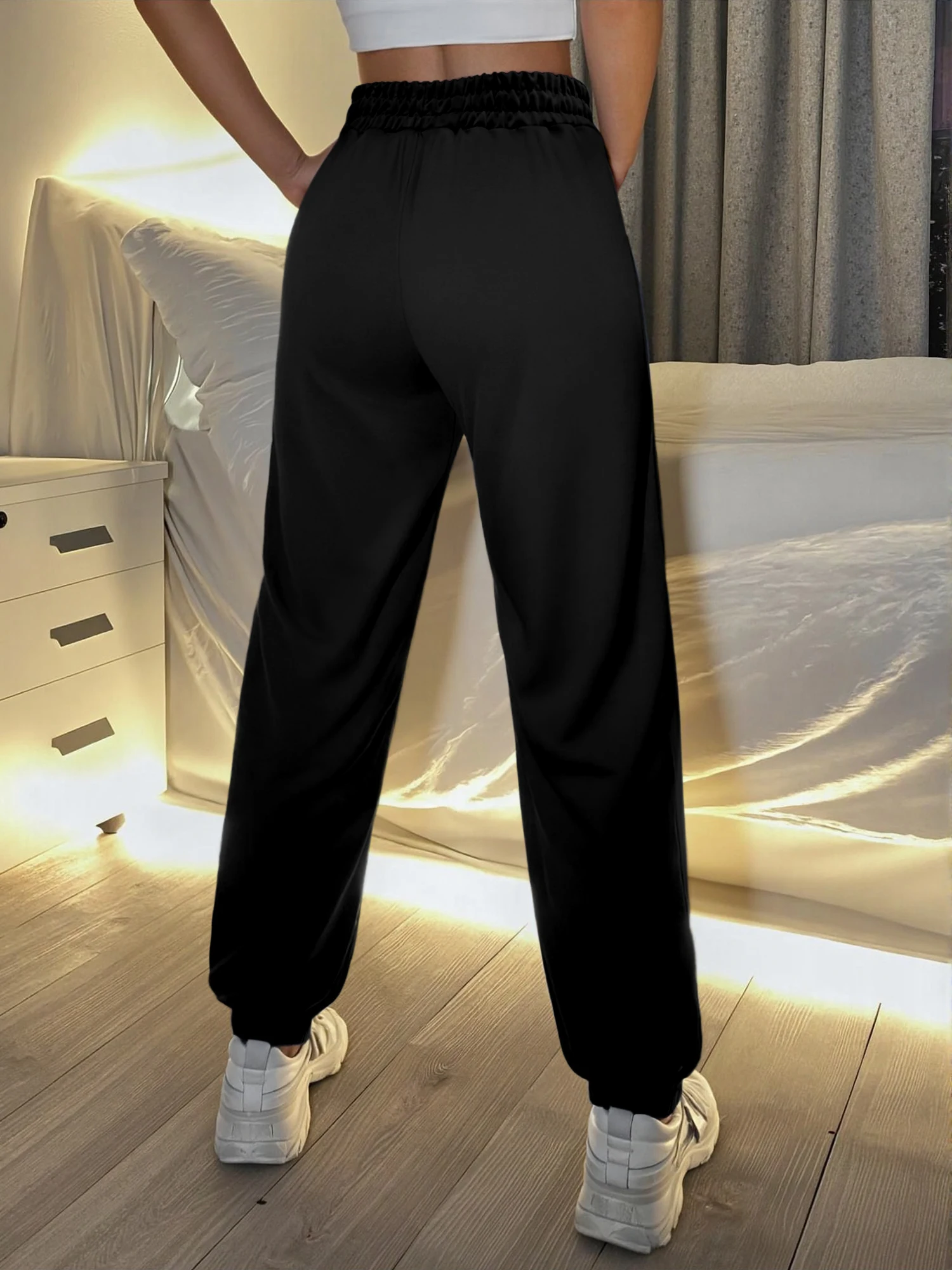 Women's High Waist Sweatpants with Elastic Cuffs - Loose Fit Joggers in Black/Gray/Light Blue for Casual & Lounge Wear