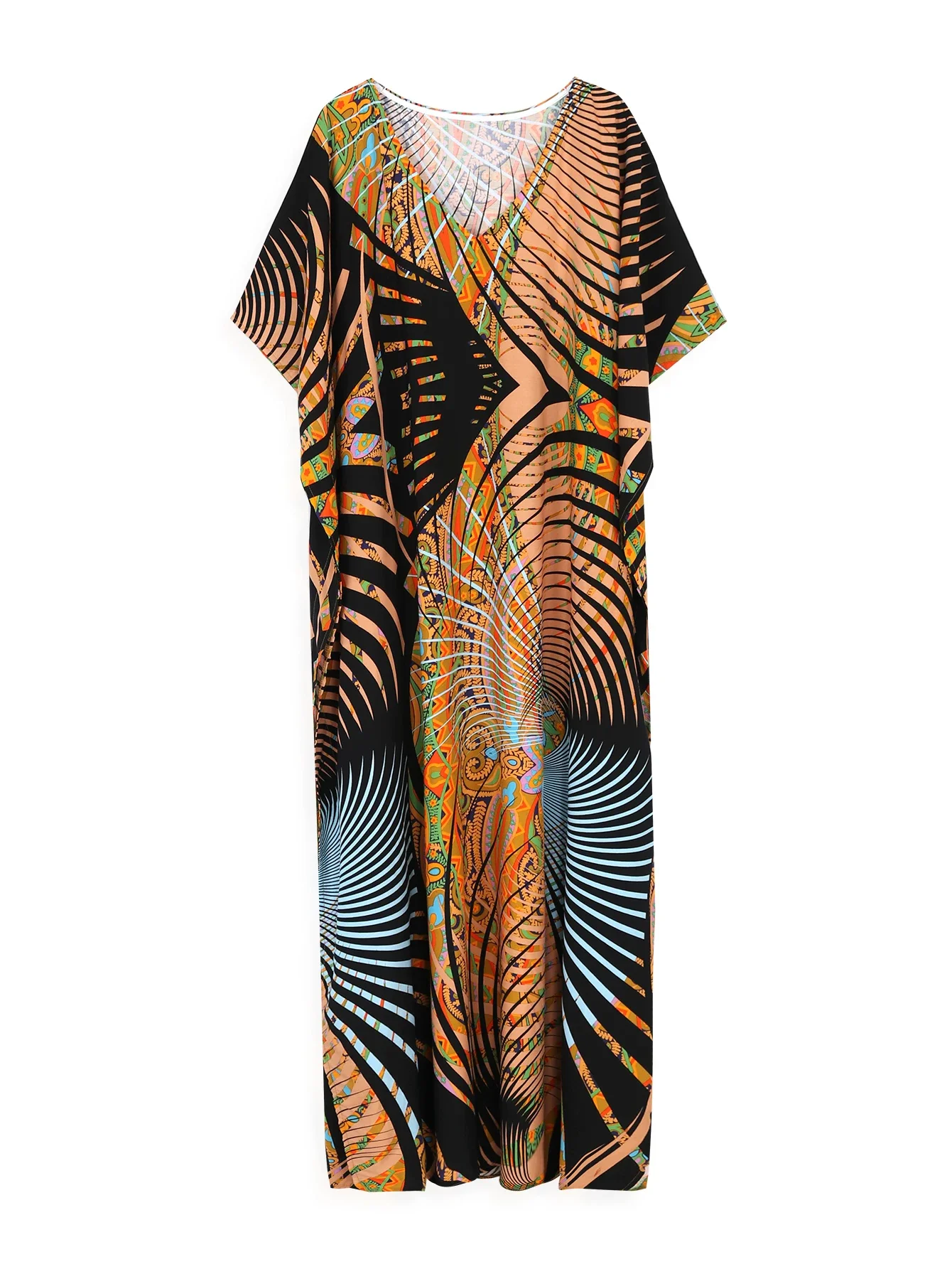 2024 Summer Bohomian Printed Plus Size Beach Kaftans Dress For Women Outfit Elegant Side Split Maxi Dresses Robe