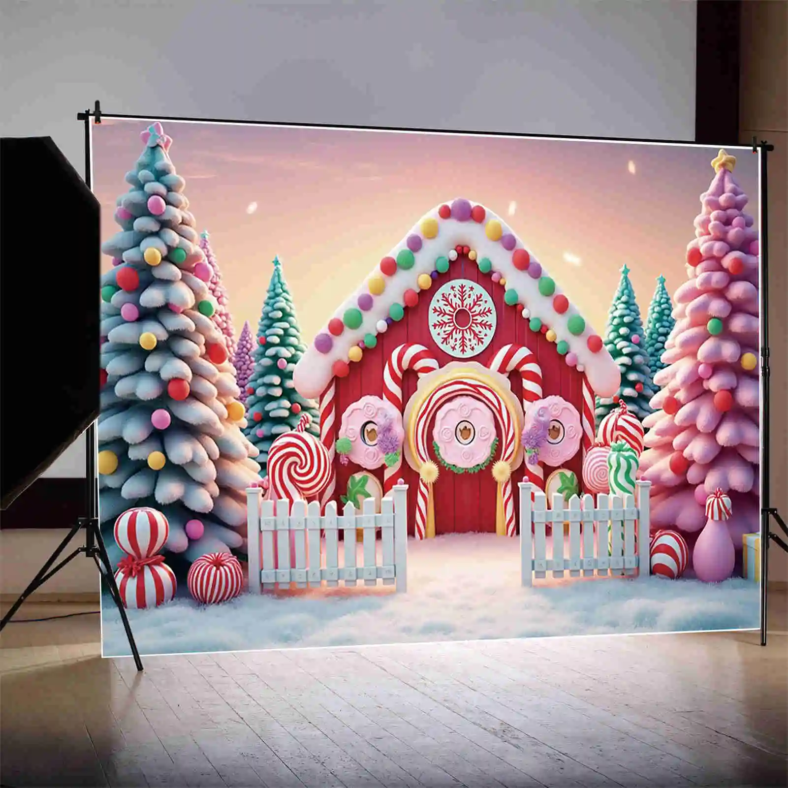 MOON.QG 2024 Christmas Gingerbread Houses Background Photography New Year Pine Tree Photocall Backdrop Child Studio Accessories