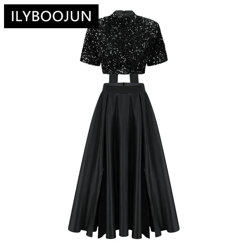 ILYBOOJUN Elegant Two Piece Sets For Women Stand Collar Short Sleeve Spliced Sequins Tops High Waist Skirt Chic Set Female