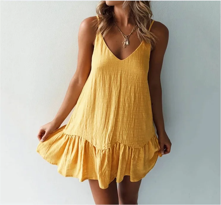 Boho ผ้าฝ้ายลินินชุดชายหาดผู้หญิง 2025 ฤดูร้อนสปาเก็ตตี้ชุดผู้หญิงเซ็กซี่ V คอปิดไหล่มินิเดรส