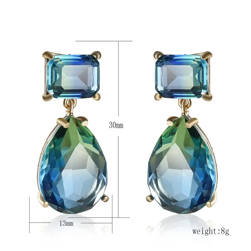 Luxury Square Blue Green Zircon Earrings for Women Trendy Jewelry Exquisite Gold Color Geometry Drop Dangle Earring