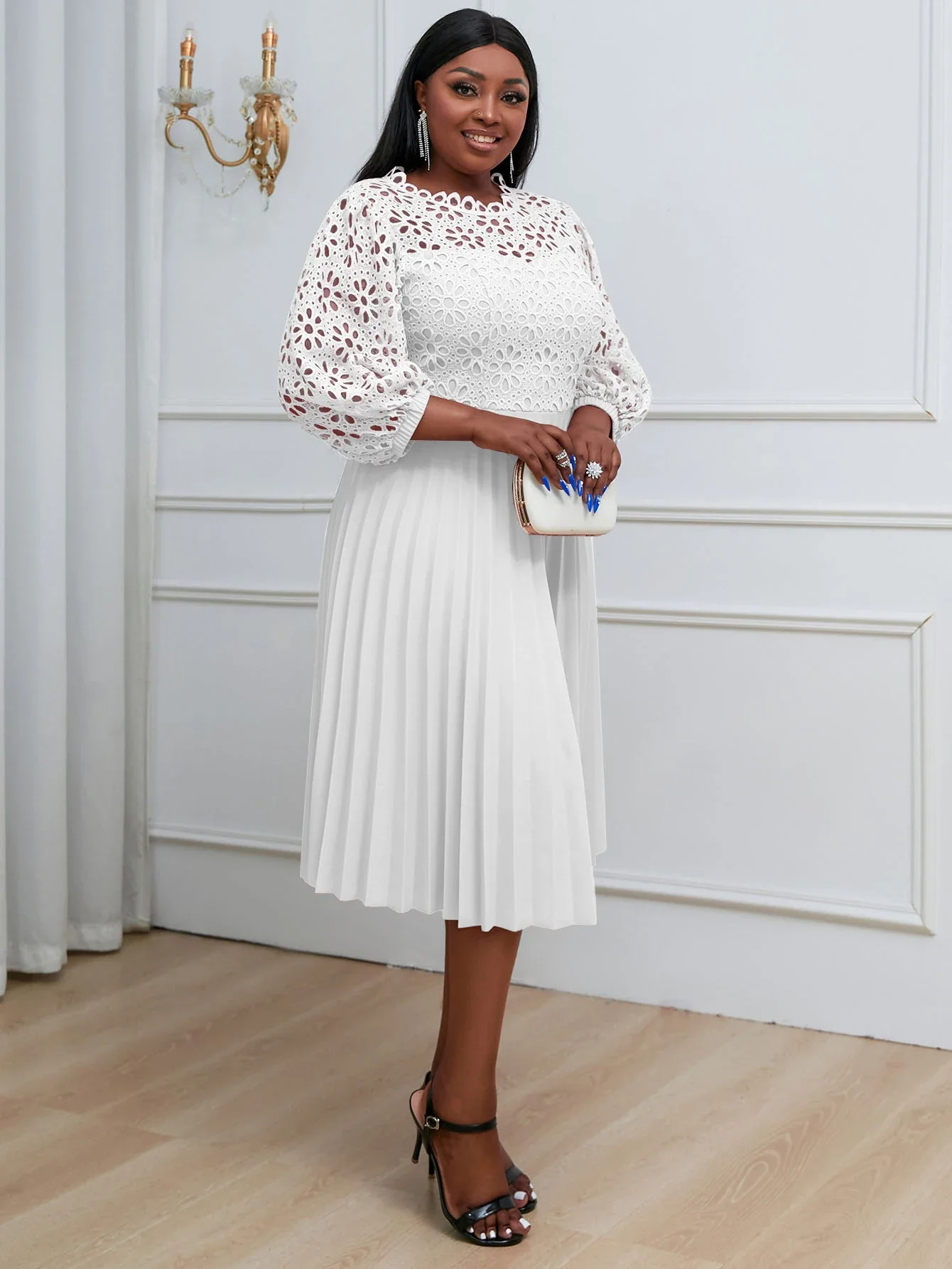 Chic Women White Pleated Dress Crew Neck Hollow Out Lace Sleeve Midi Dresses Spring Summer Elegant Party Birthday Church Outfits