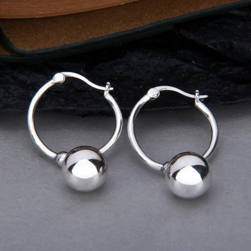 

Real Solid 925 Sterling Silver Hoop Women Lucky Glossy Bead Round Ball Dangle Earrings