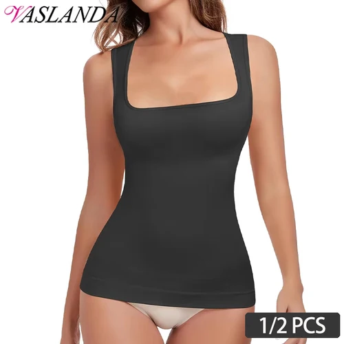 1/2 Uds Shapewear Control de barriga camiseta sin mangas tanques de compresión para mujeres cuello cuadrado sin costuras moldeador de cuerpo camisola Cami Tops