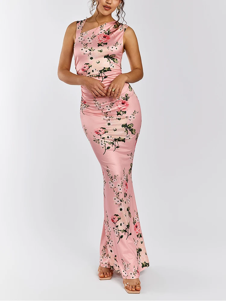 NewAsia Robe longue sans manches pour femme, coupe cintrée, imprimé floral, ourlet sirène asymétrique, moulante, soirée, rose