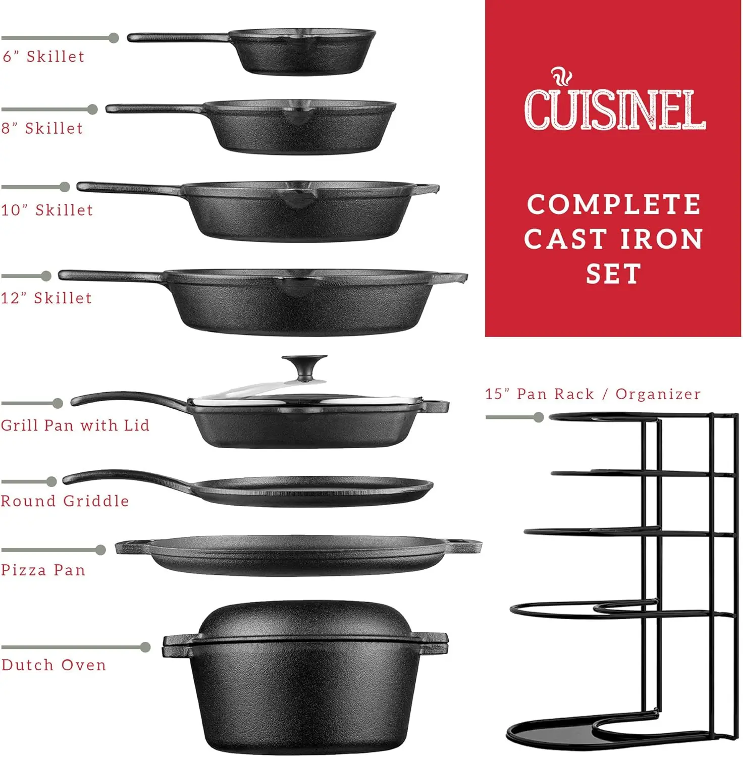 Cast Iron Cookware 17Piece Set - Pre-Seasoned Skillet Grill PanLid Griddle Pizza Pan Dutch Oven+Co