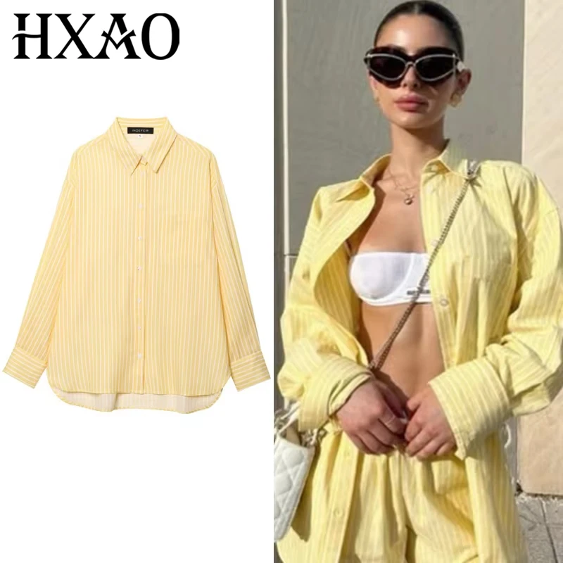 HXAO Woman 2025 Striped Oversized Shirt Spring Summer Shirts & Blouses Long Sleeve Plus Size Top Fashion Elegant Woman Shirt 066