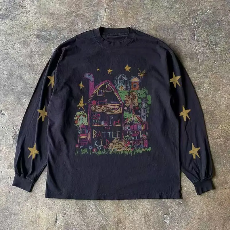 

Hip Hop Y2k O-Neck Long Sleeve T-Shirt Harajuku Graffiti Punk High Street Fashion Rock Gothic Unique Top for Streetwear