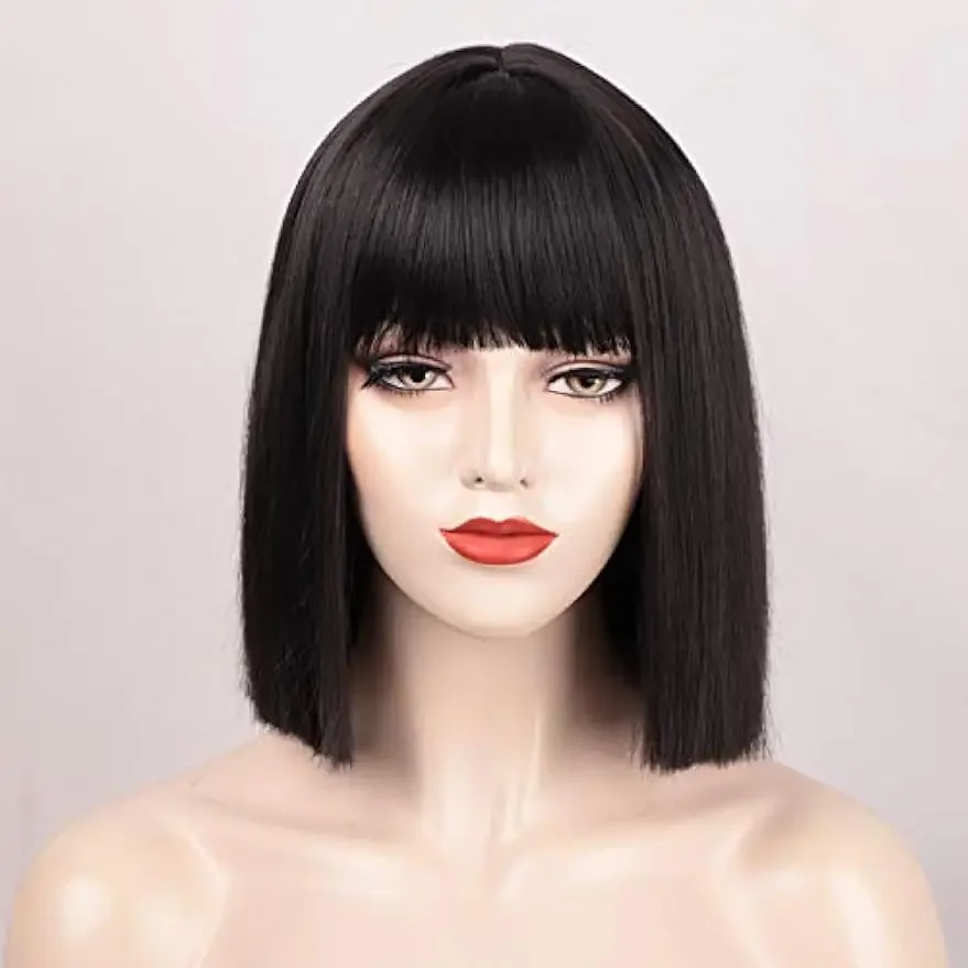 Peluca Bob negra con flequillo, peluca corta negra para mujer, pelucas rectas Bob, peluca sintética resistente al calor Mia Wallace Cleopatra Cospaly