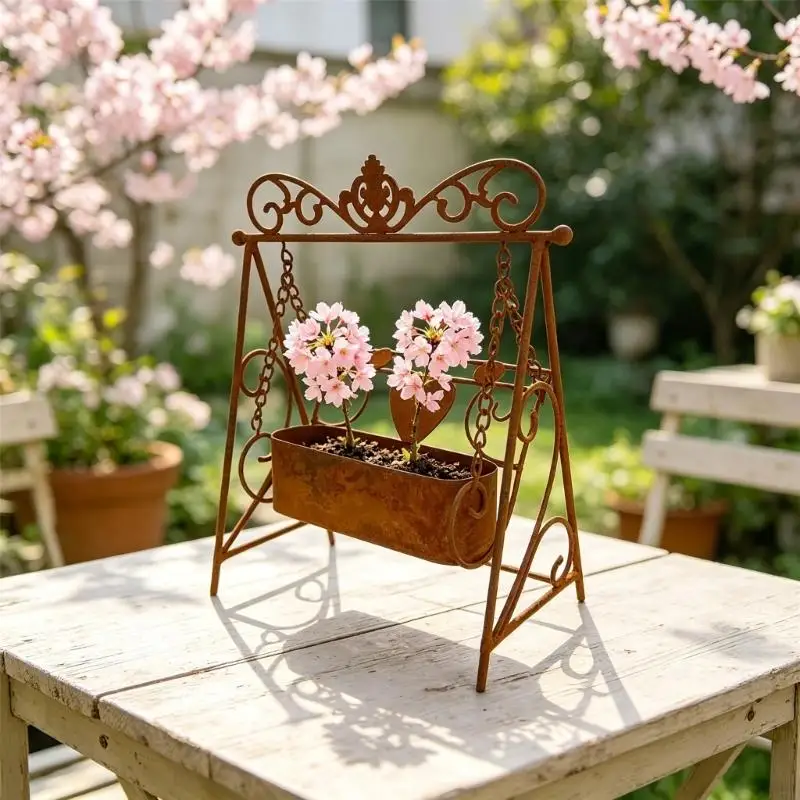 Metal Swing Chair Flower Pot with Hanging Box, Freestanding Small Plant Holder for Balcony Windowsill Shelf Entry Table 87HA