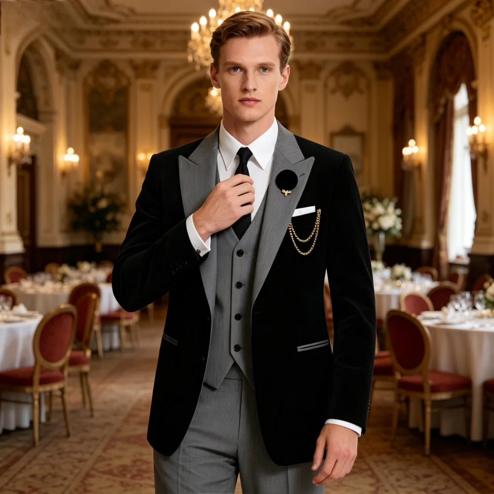 

Men's 3-Piece Suit with Black Lapel US Size Formal Tuxedo for Groom Business And Wedding - Jacket Vest And Pants Ensemble