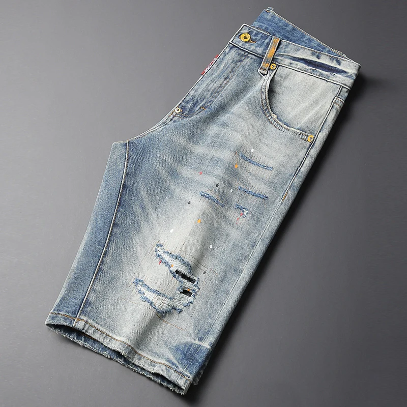 Summer Trends Fashion Designer Men Jeans Vintage Patched Elastic Ripped Short Jeans Retro Blue Painted Hip Hop Denim Shorts Men