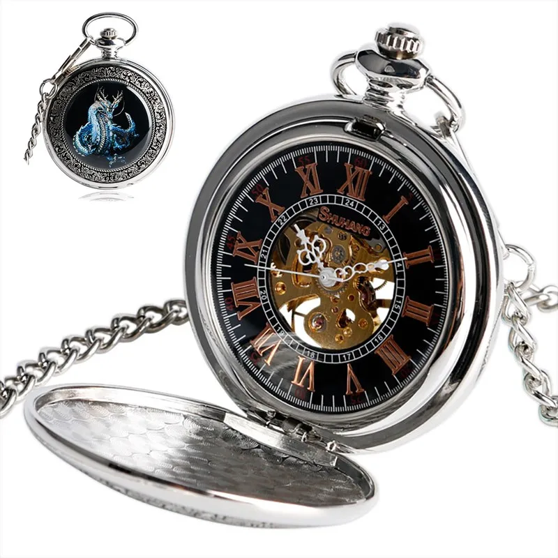 Cool Dragon Design Silver Men Women Mechanical Hand Winding Pocket Watch Roman Number Fob Chain Watch Relogio De Bolso