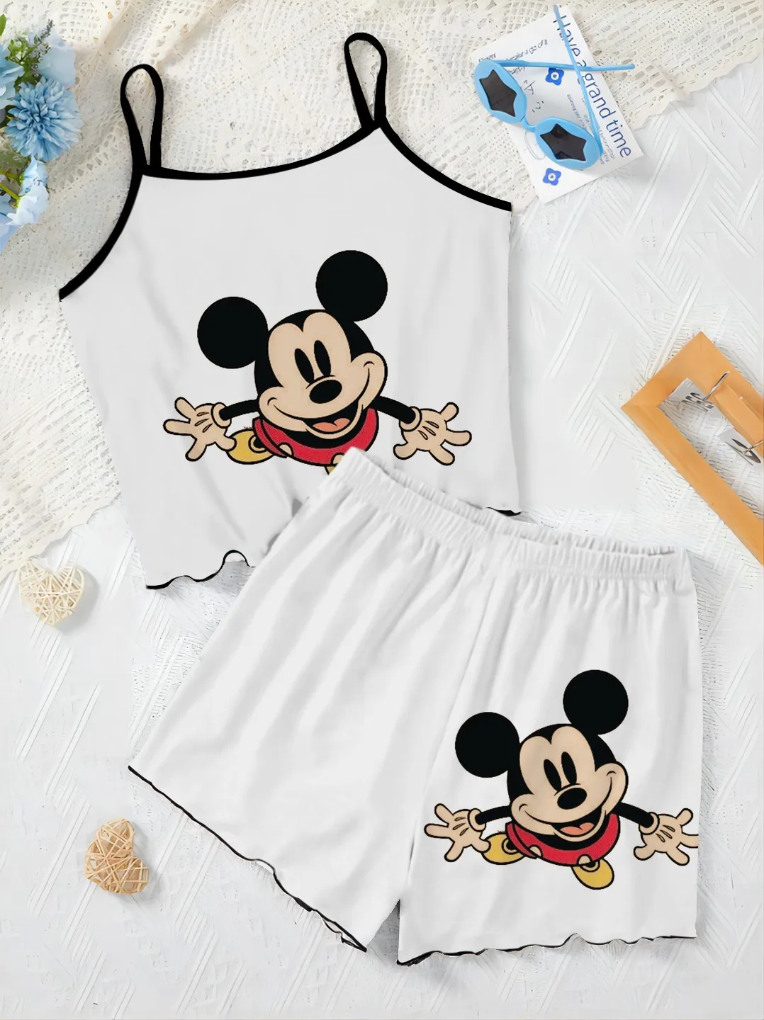 Haut tureSlip Minnie Mouse pour femme, garniture en laitue Disney, ensembles élégants pour femme, t-shirt 2 pièces, jupe pyjama