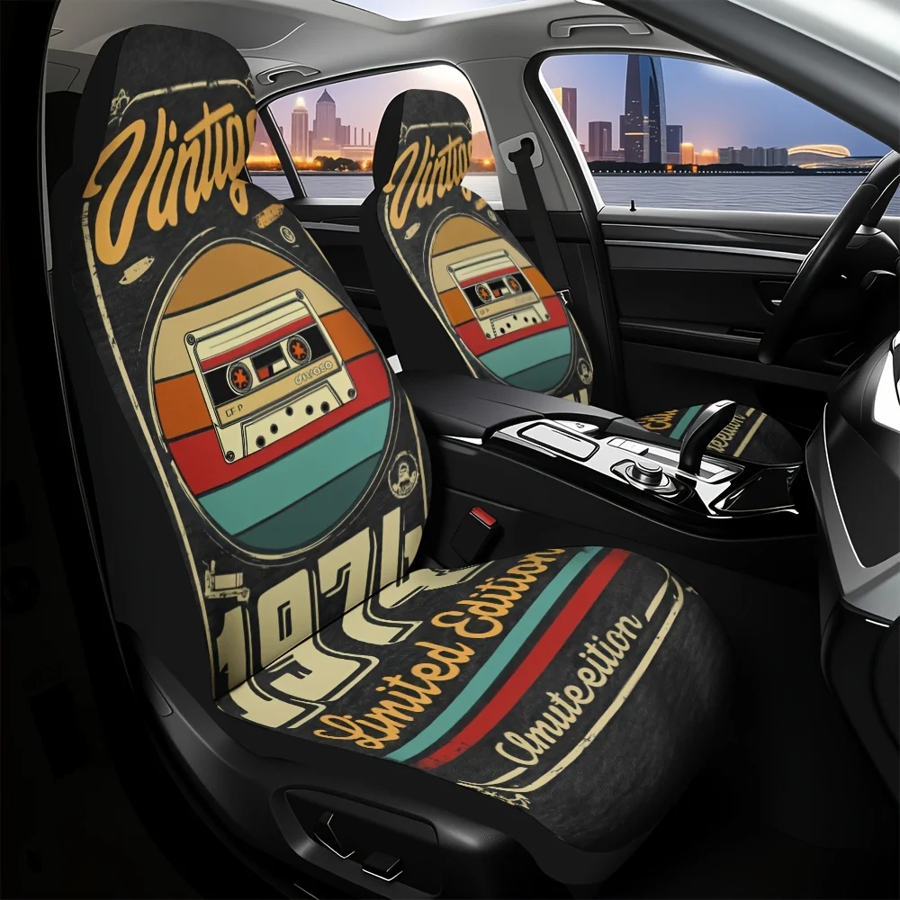 2pcs, 1974 Cassette Vintage Print Decorative Car Seat Covers, Comfortable Washable Material, Fit Adds Elegant Fashionable Deta