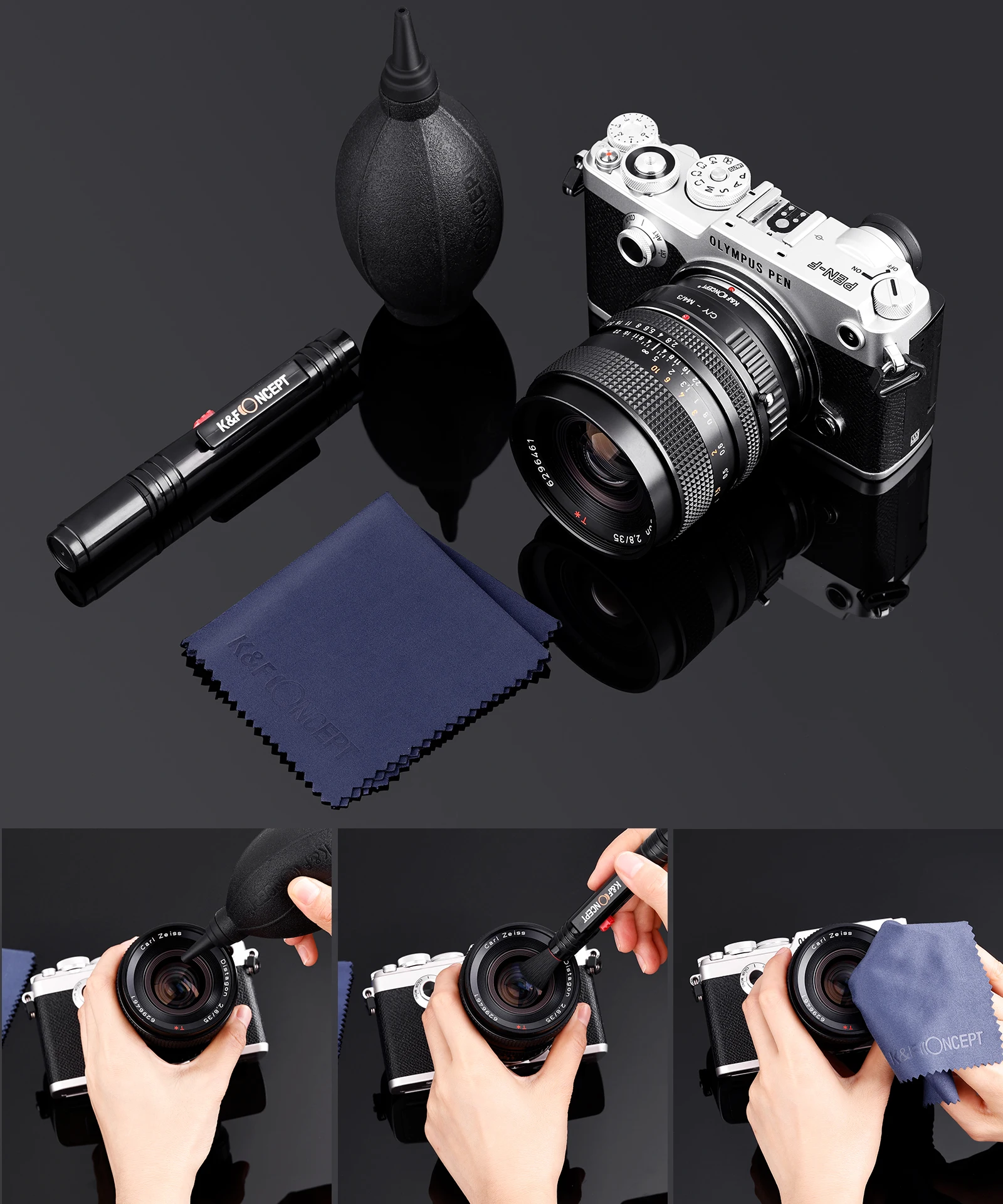 K & F Concept 3 in 1 Kit di pulizia della fotocamera con penna a pennello per obiettivo Rocket Air Blower Kit di pulizia del panno in microfibra per obiettivo della fotocamera LCD