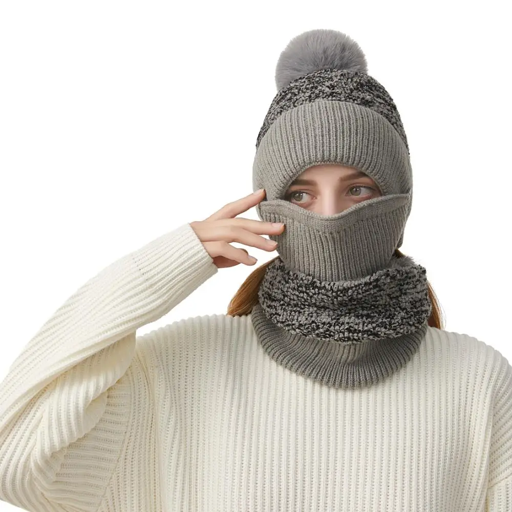 Зимняя шапка-бини 3 в 1 с помпоном, вязаные гетры с капюшоном и маской на флисовой подкладке, теплая