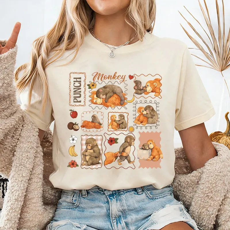 Punch Monkey Shirt Team Punch Shirt Viral Monkey Meme Tee Trending Monkey Design Cute Meme Shirts Cotton Short Sleeve Women's
