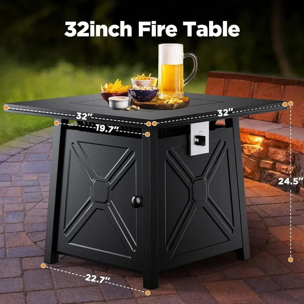 28 Inch Gas Fire Pit Table, 50,000 BTU Propane Fire Pits for Outsides with Steel Lid and Lava Rock, 2 in 1 Square Firepit Table