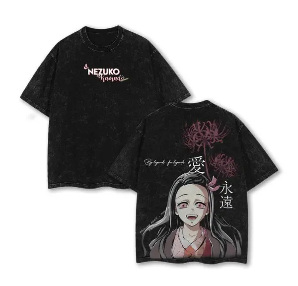 Sommer Y2K Vintage Demon Slayer Washed T-Shirt für Herren und Damen Kurzarm Tee Streetwear 2026 Oversized Anime-Print Lässige Oberteile