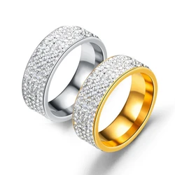 8mm Wide Five Rows Hip Hop Ring Full Rhinestone Shiny Rings Stainless Steel Gold Silver Color Ring for Women Men Jewelry